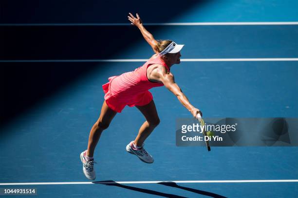 Aliaksandra Sasnovich of Belarus returns the ball against Karolina Pliskova of the Czech Republic during her women's singles second round match at...
