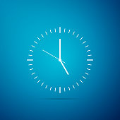Clock icon isolated on blue background. Time icon. Flat design. Vector Illustration