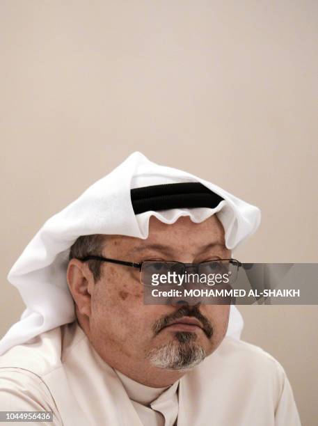 In this file photo taken on December 15 general manager of Alarab TV, Jamal Khashoggi, looks on during a press conference in the Bahraini capital...