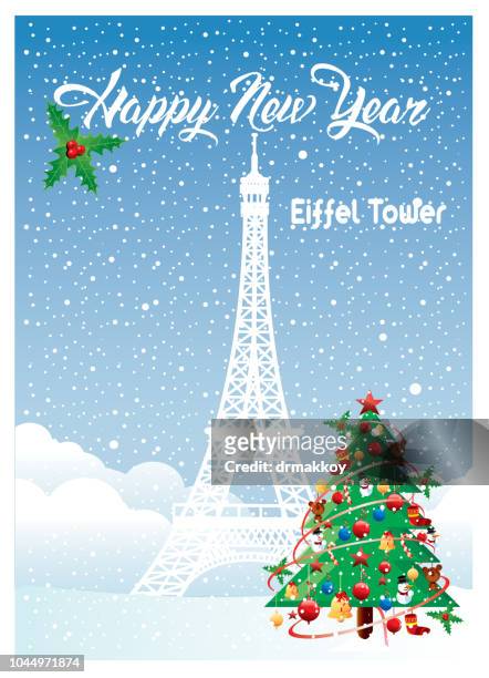 illustrations, cliparts, dessins animés et icônes de la tour eiffel et du nouvel an - paris hiver