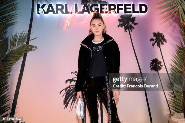 Stefanie Giesinger celebrates the launch of the Karl x Kaia collaboration capsule collection, on October 2, 2018 in Paris, France.