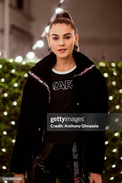 Stefanie Giesinger celebrates the launch of the Karl x Kaia collaboration capsule collection, on October 2, 2018 in Paris, France.