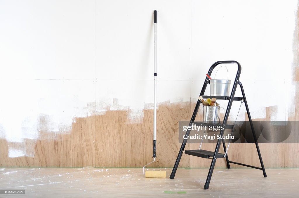 Paint brushes, paint roller, stepladder and paint 