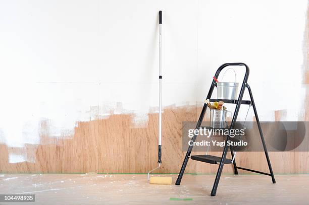 paint brushes, paint roller, stepladder and paint  - white paint roller stock pictures, royalty-free photos & images