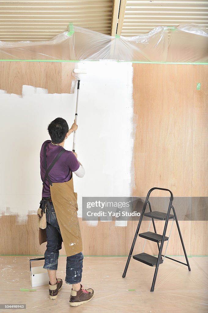Man painting wall, rear view