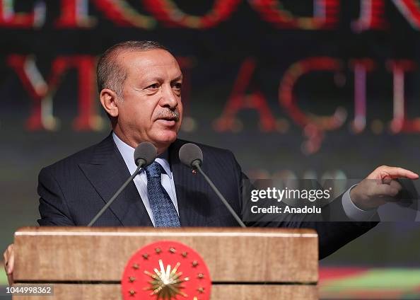 Turkish President Recep Tayyip Erdogan speaks during the opening