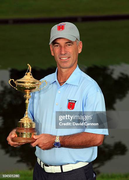 Team Captain Corey Pavin poses with the trophy during the USA Team Photocall prior to the 2010 Ryder Cup at the Celtic Manor Resort on September 28,...