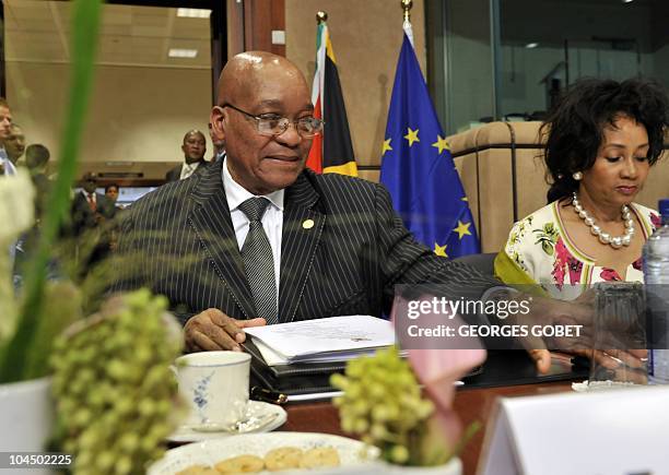 South African President Jacob Zuma and South African Defense Minister Lindiwe Sisulu wait on September 28, 2010 for the start of an EU-South Africa...