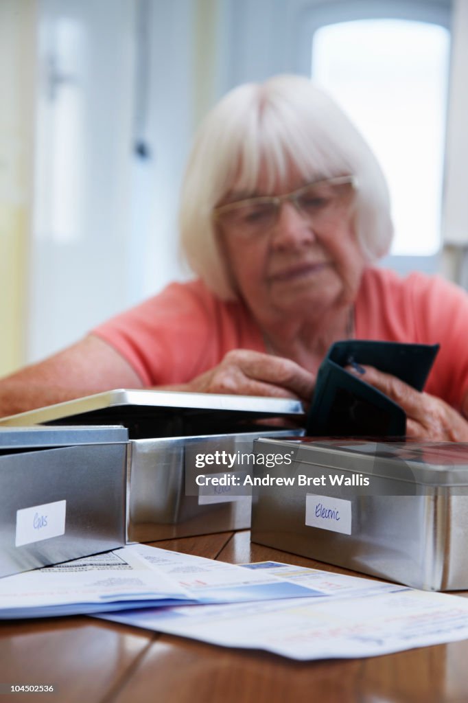 Elderly woman costing for household bills