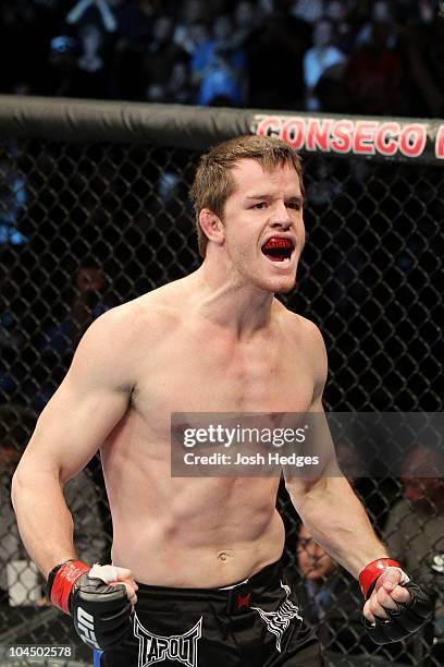 Dollaway reacts after defeating Joe Doerksen during their UFC middleweight bout at Conseco Fieldhouse on September 25, 2010 in Indianapolis, Indiana.