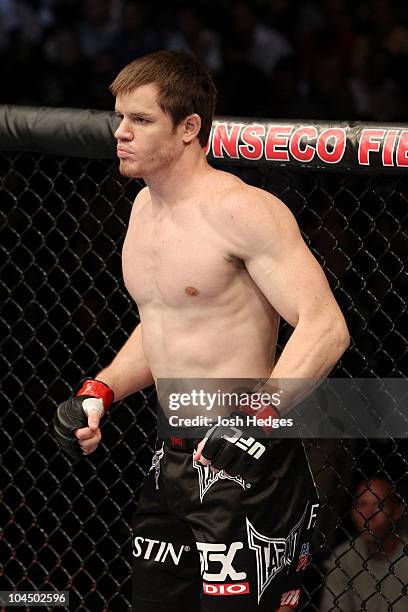 Dollaway stands in the octagon against Joe Doerksen during their UFC middleweight bout at Conseco Fieldhouse on September 25, 2010 in Indianapolis,...