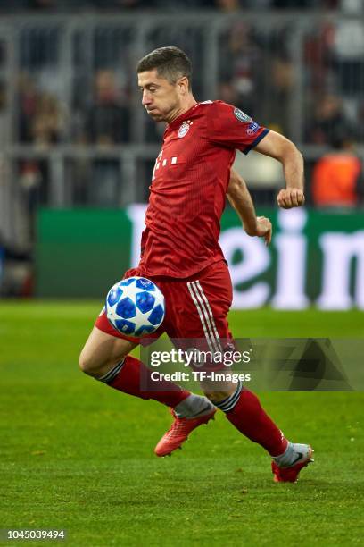 Robert Lewandowski of Bayern Muenchen controls the ball during the Group A match of the UEFA Champions League between Borussia Dortmund and AS Monaco...