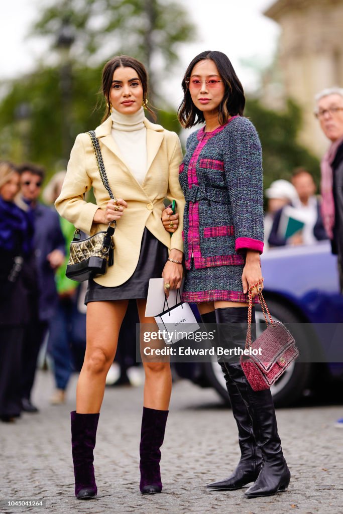 Camila Coelho and Aimee Song, outside Chanel, during Paris Fashion ...