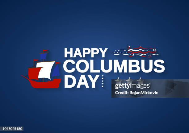 happy columbus day blue background with ship, telescope and waves. vector illustration. - columbus day stock illustrations