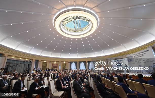 Kyrgyz President Sooronbay Jeenbekov delivers a speech during the 17th Autumn meeting of the Organization for Security and Cooperation in Europe...