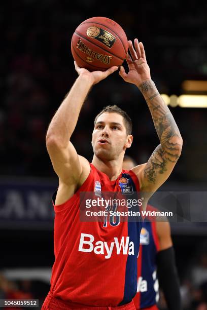 Sefan Jovic of Bayern Muenchen prepares for a free throw during the easyCredit BBL Bundesliga match between FC Bayern Muenchen and RASTA Vechta at...