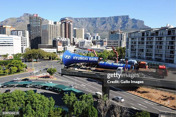 Cape Town's big blue vuvuzela is dismantled on September 27, 2010 in Cape Town, South Africa. Hyundai constructed the world's largest operational...