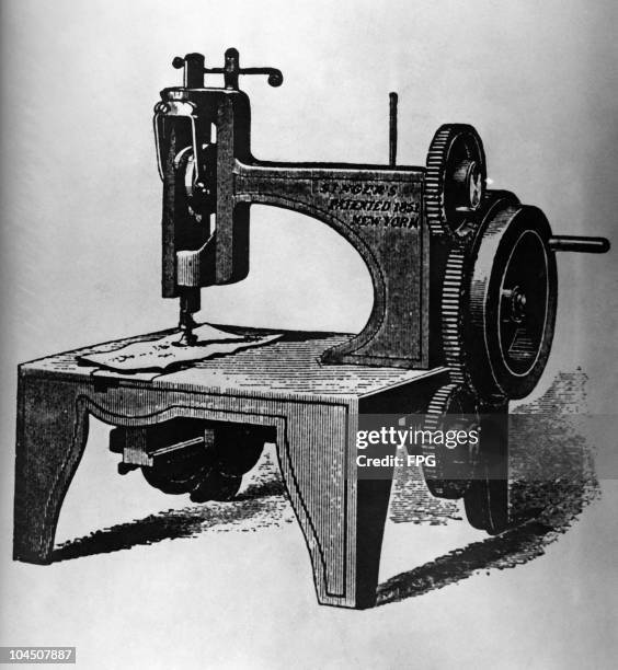 An engraving of the first Singer sewing machine, circa 1851.