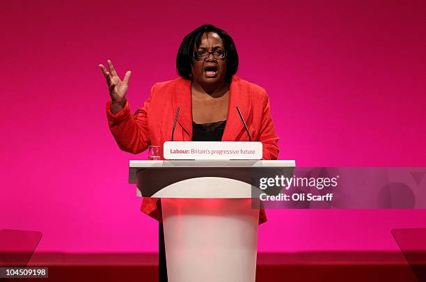 Diane Abbott MP addresses delegates on the third day of the Labour party conference at Manchester Central on September 28, 2010 in Manchester,...