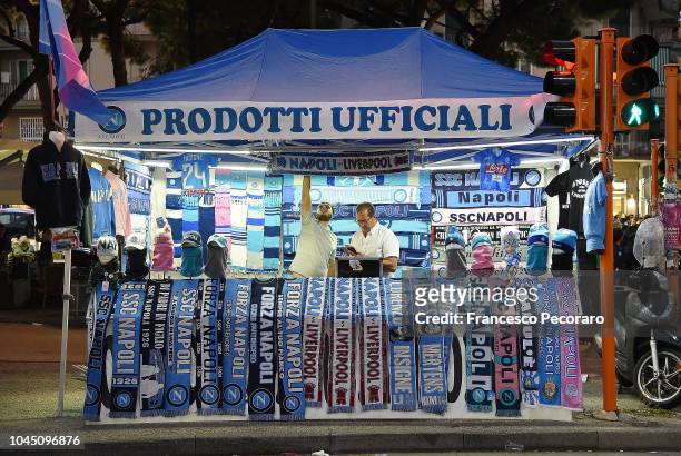 Stall outside the Stadio San Paolo selling scarves before the Group C match of the UEFA Champions League between SSC Napoli and Liverpool at Stadio...