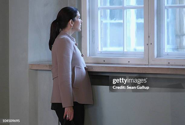 Danish Crown Princess Mary, who is pregnant with twins, pauses to look out of a window while touring Schloss Guestrow palace with her husband Danish...