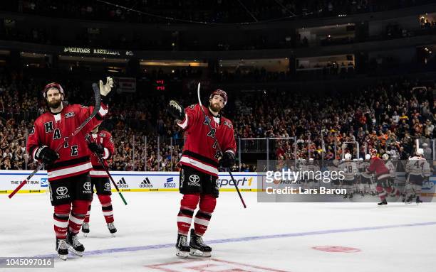 Ben Hanowski and Austin Madaisky of Haie are seen after the NHL Global Series Challenge game between Edmonton Oilers and Kolner Haie at Lanxess Arena...