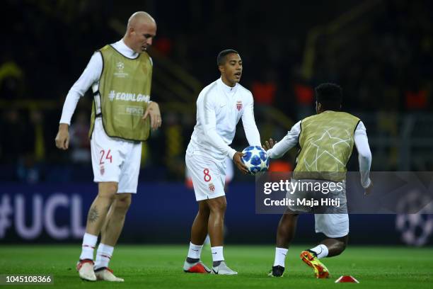 Andrea Raggi of Monaco and Youri Tielemans of Monaco warms up prior to the Group A match of the UEFA Champions League between Borussia Dortmund and...