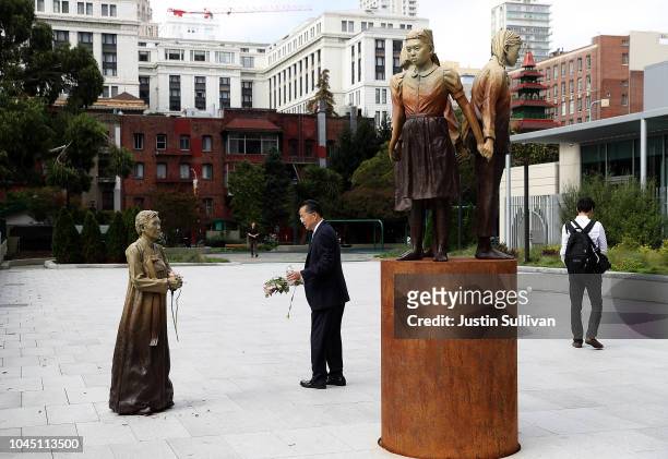 View of the 'Comfort Women' Column of Strength statue on October 3, 2018 in San Francisco, California. Osaka, Japan Mayor Hirofumi Yoshimura...