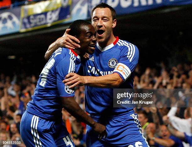 John Terry, Captain of Chelsea celebrates his goal with Gael Kakuta during the UEFA Champions League Group F match between Chelsea and Marseille at...