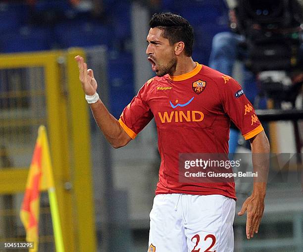 Marco Borriello of Roma celebrates after scoring the goal 2-0 during the UEFA Champions League group E match between AS Roma and CFR Cluj at Stadio...