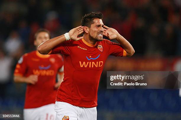 Marco Borriello of AS Roma celebrates after scoring his 2-0 goal during the UEFA Champions League group E match between AS Roma and CFR Cluj at...