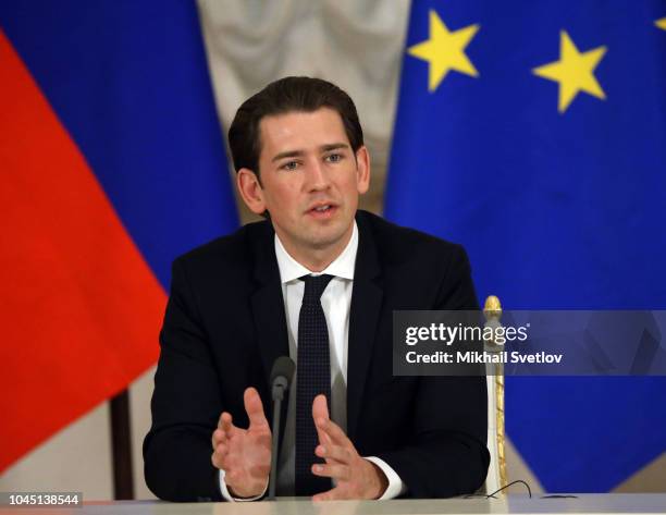 Austrian Chancellor Sebastian Kurz speaks during a joint meeting wtih Russian President Vladimir Putin at the Hermitage on October 3, 2018 in Saint...