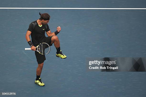 Rafael Nadal reacts after winning a game against Novak Djokovic in the men's final on day fifteen of the 2010 U.S. Open at the USTA Billie Jean King...