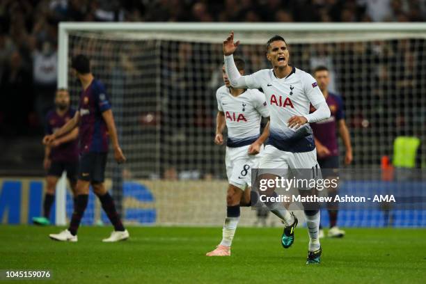 Erik Lamela of Tottenham Hotspur celebrates after scoring a goal to make it 2-3 during the Group B match of the UEFA Champions League between...