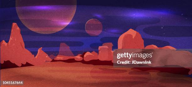 outer space background with planets and rocky red terrain landscape - mars landscape stock illustrations