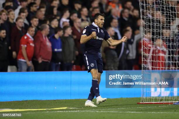 Lee Gregory of Millwall celebrates after scoring a goal to make it 2-2 during the Sky Bet Championship fixture between Nottingham Forest and Millwall...