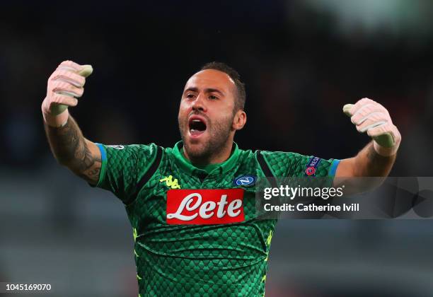 David Ospina of Napoli celebrates during the Group C match of the UEFA Champions League between SSC Napoli and Liverpool at Stadio San Paolo on...