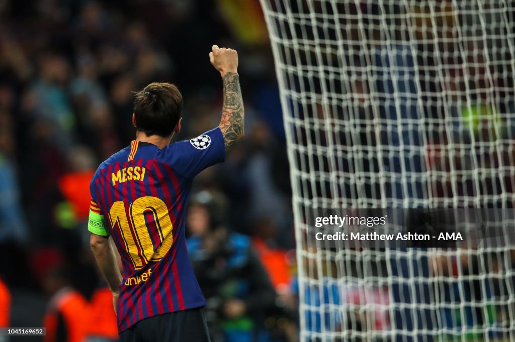 Lionel Messi of FC Barcelona celebrates after scoring a goal to make