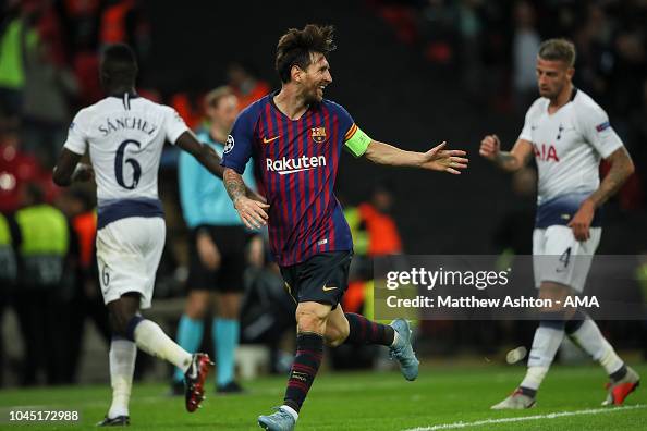 Lionel Messi of FC Barcelona celebrates after scoring a goal to make