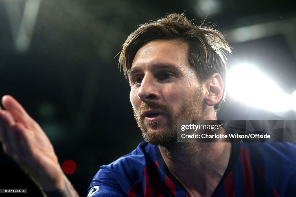 Lionel Messi of Barcelona celebrates scoring their 3rd goal during