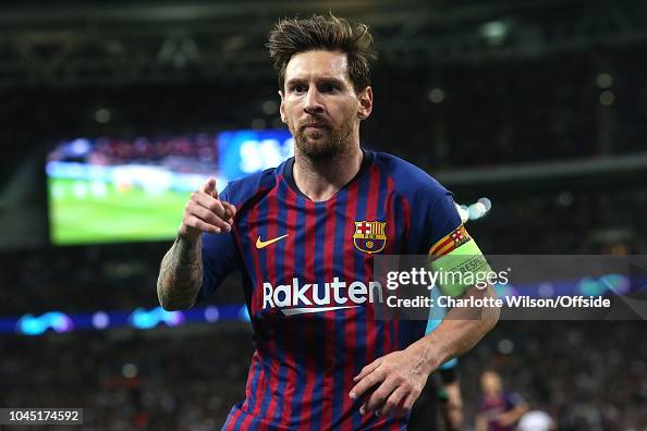 Lionel Messi of Barcelona celebrates scoring their 3rd goal during