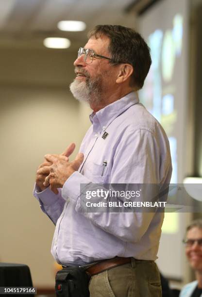 University of Missouri professor George P. Smith speaks during a press conference announcing he has won the 2018 Nobel Prize in Chemistry, in...