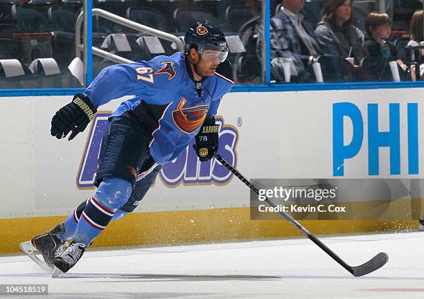 Akim Aliu of the Atlanta Thrashers against the Columbus Blue Jackets during the preseason opener at Phillips Arena on September 21, 2010 in Atlanta,...