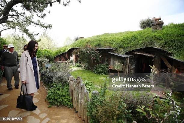 New Zealand Prime Minister Jacinda Ardern tours Hobbiton on October 4, 2018 in Matamata, New Zealand. The Prime Minister has announced funding to...