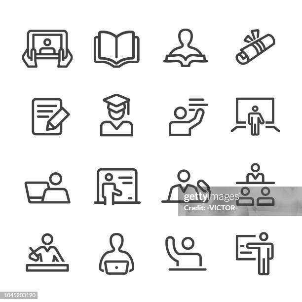 stockillustraties, clipart, cartoons en iconen met docent en student icons - line serie - collegezaal