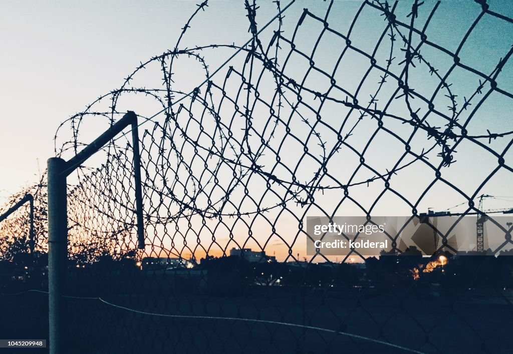 Grid fence with barbed wire against sunset