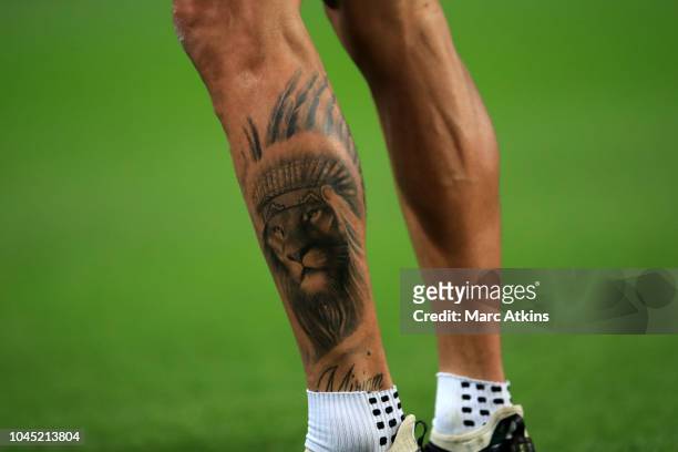 Tattoo of a lion on the leg of Erik Lamela of Tottenham Hotspur during the Group B match of the UEFA Champions League between Tottenham Hotspur and...
