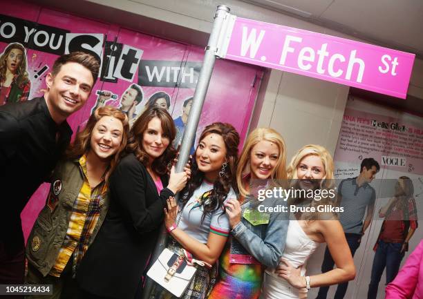 Jonathan Bennett, Erika Henningsen, Book Writer Tina Fey, Ashley Park, Kate Rockwell and Taylor Louderman pose outside of Broadway's "Mean Girls" on...