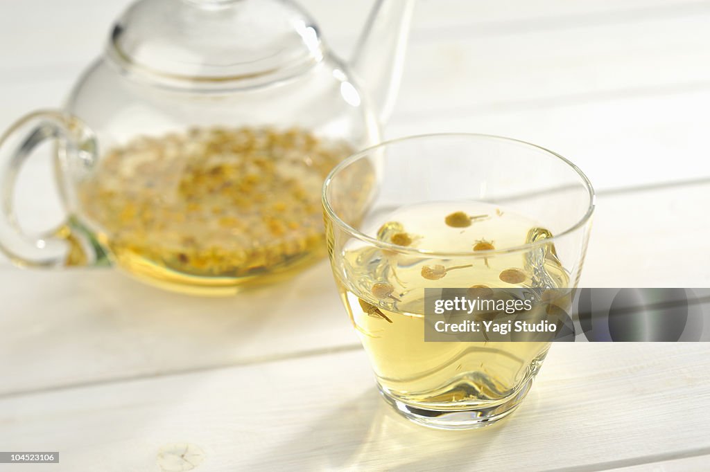 The herb tea which a glass teapot and a cup contai