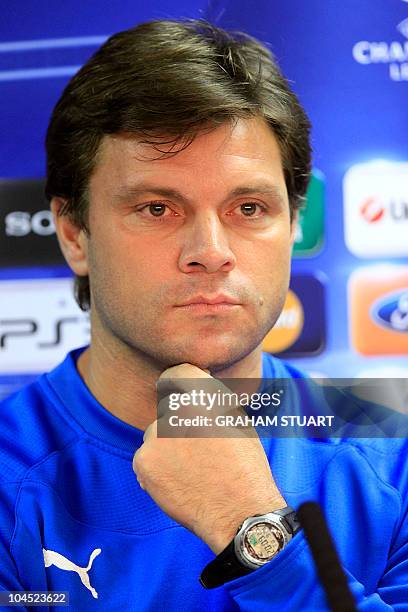 Bursapor's manager, Ertugrul Saglam speaks during a press conference at Ibrox Stadium, Glasgow, Scotland, on September 28, 2010 a day ahead of their...